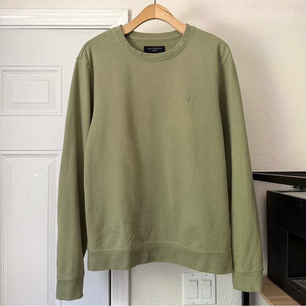 All Saints sage green cotton crew neck knit long sleeve pullover sweater